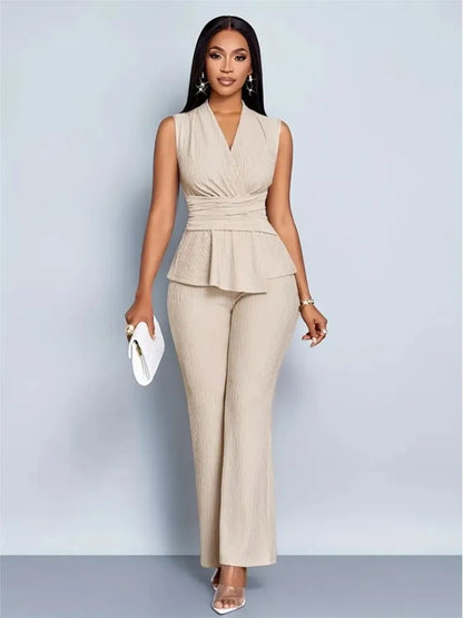 New Spring Summer Women's Trousers Two-piece Elegant Slim V-neck Sleeveless Irregular T-shirt Wide-leg Pants Office 2-piece Set