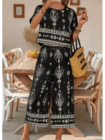 Fashion Ethnic Retro Printed Short-sleeved Women's Suit Summer New Casual Simple Elegant 7-minute Pants Female 2-piece Set 2026