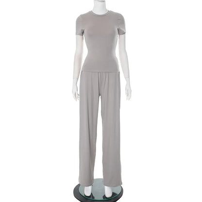 Casual Long Pants Suits Women O-neck Short Sleeve T-shirt Elastic Waist Trousers Set Spring Summer Solid Lady Household Clothes