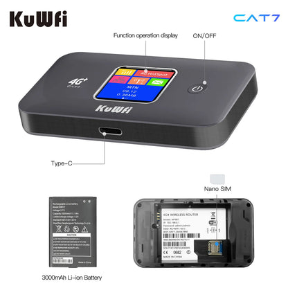 KuWfi MF801 Portable WiFi for Travel | High-Speed Internet|Long-Lasting 3000mAh Battery, Compact & Secure Mifi Router for Use