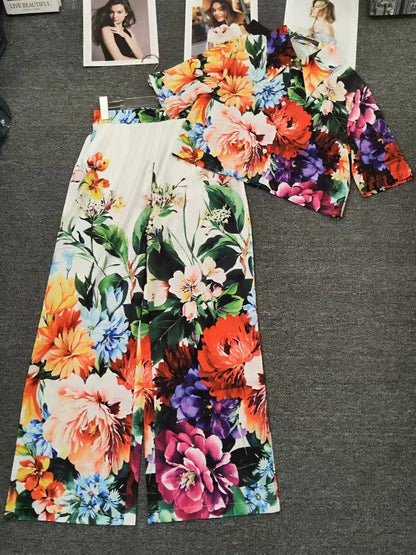 Spring and Summer New Women's Printed Pants Lapel Short Sleeve Waist Short Shirt + High Waist Wide Leg Pants Elegant Two-Piece S