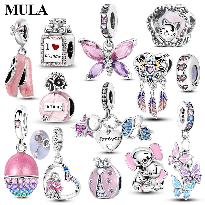 MULA Pink 925 Sterling Silver Charms Pendant Perfume Dreamcatcher Heart Love Beaded Fit Original Bracelet Women DIY Jewelry Gift