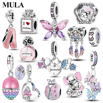 MULA Pink 925 Sterling Silver Charms Pendant Perfume Dreamcatcher Heart Love Beaded Fit Original Bracelet Women DIY Jewelry Gift