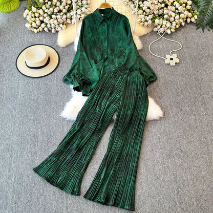 Elegant For Women's Fashion Sets Casual Long Sleeve Shirt Straight Pants Suit Female 2024 Loose Print Tops Two Pieces Outfits