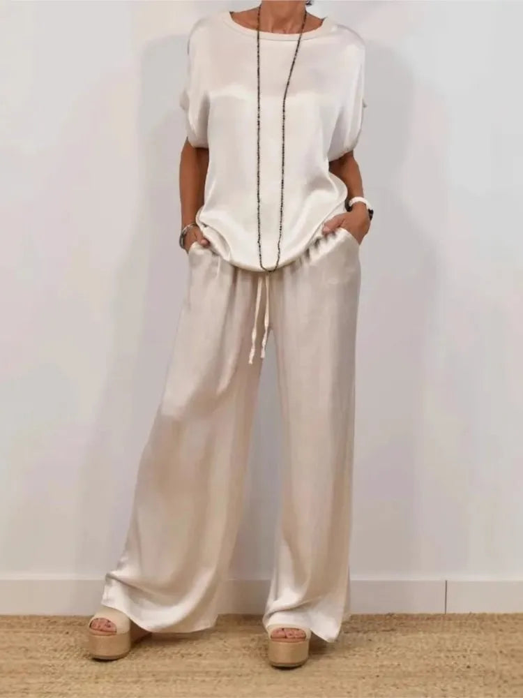 Simple Satin Women's Suits Summer Fashion Short sleeve Loose Blouse Wide Leg Pants Two Piece Set For Women Casual Outfits