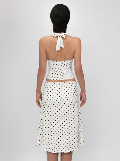 Bornladies Polka Dot Skirt Set Women's Retro Hot Girl Style Lace-Up Sexy Halter Top Low-Waist Midi Skirt Two-Piece Outfit