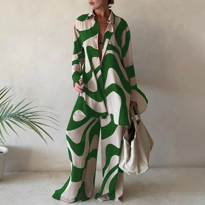 Spring Autumn Fashion Sets Women Long Sleeve Lapel Printed Casual Elegant Beach Loose Wide Legs Trousers Ladies Two Piece Suits