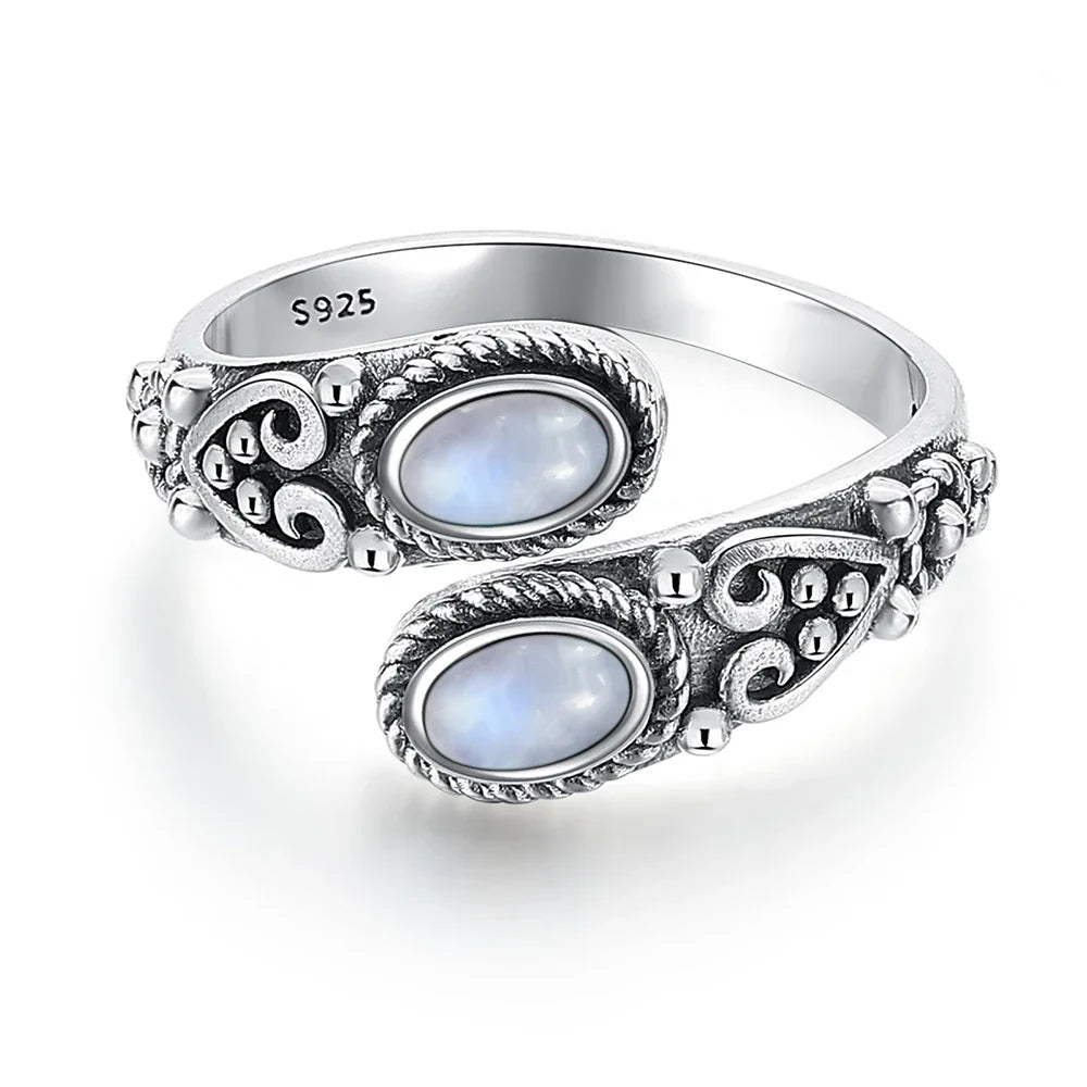 925 Vintage Silver Ring with Natural Moonstone 6*8mm Adjustable Rings Flower Bohemia Style Fine Jewelry for Women
