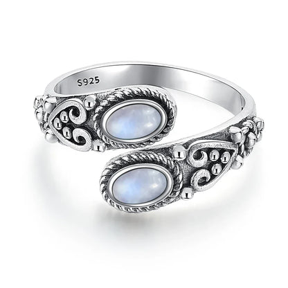 925 Vintage Silver Ring with Natural Moonstone 6*8mm Adjustable Rings Flower Bohemia Style Fine Jewelry for Women