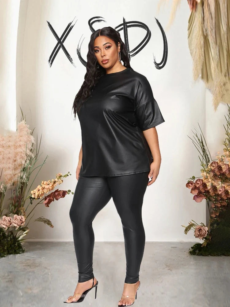 Women Summer Clothes Leather Outfit 2 Piece Set Short Sleeve Blouse Top and Stretchy Leggings Ladies Plus Size Pu Suits in Black