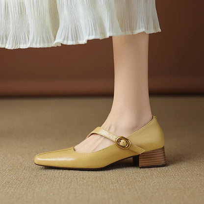 2026 New Spring Women Pumps Square Toe Chunky Heel Genuine Leather Women Shoes Shallow Metal Buckle Strap Mary Janes Ladies