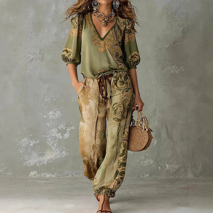 Retro Floral Print V Neck Puff Sleeve Top with Jogger Pants Matching Set for Women Spring Summer