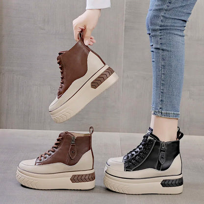 High Top Women Shoes Genuine leather 8cm Platform Boots Wedge Hidden Heel Zip Spring NEW Autumn Warm Fur Winter Shoes Sneakers