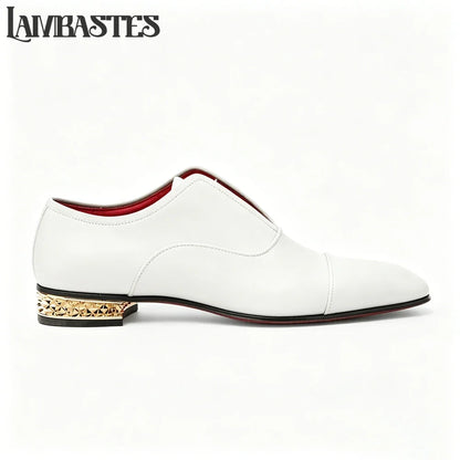 Gold Geometric Heel Patent Leather Mens Loafers Polished Glossy Upper Red Lining Formal Dress Shoes Embossed Gold Heel Loafers