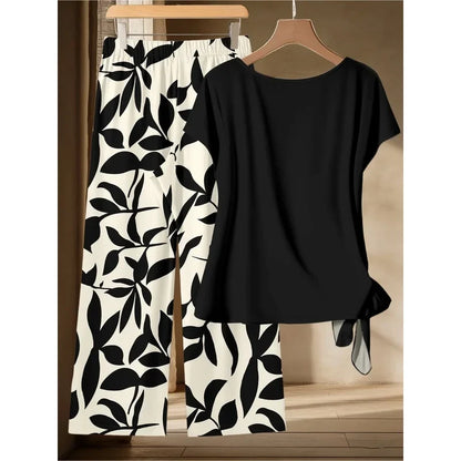 Women's plus Size Two-Piece Set Lazy Style Black Side Twisted T-Shirt And Black White Leaf Print Wide Leg Pants Casual Outfit