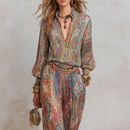 Boho Paisley Print Two-Piece Set for Women Sexy V-Neck Long Sleeve Blouse Top & Wide Leg Pants Casual Loose Suit for Vacation