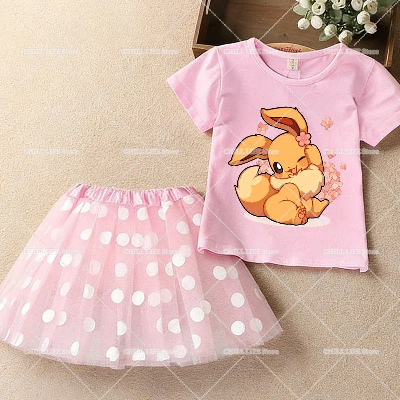 Kawaii Pikachu Eevee T-Shirt Skirt 2pcs Set Pokemon Jigglypuff Toddler Short Sleeve Tee Polka Dot Tutu Skirts Kids Clothes Set