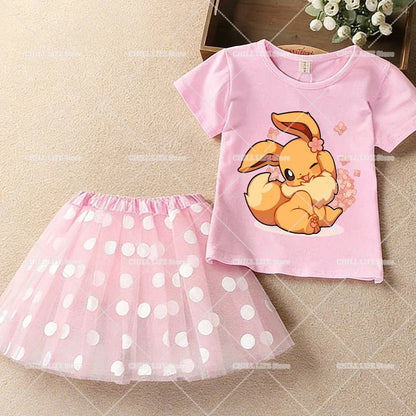 Kawaii Pikachu Eevee T-Shirt Skirt 2pcs Set Pokemon Jigglypuff Toddler Short Sleeve Tee Polka Dot Tutu Skirts Kids Clothes Set