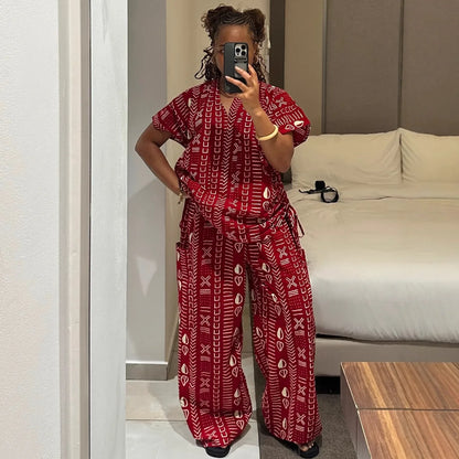 Women Two Pieces Pant Sets Solid Matching Set Pullover V Neck Printing Top High Waist Lace Up Pants Loose Fit Casual 2025 Summer
