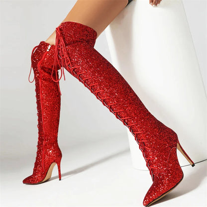 Luxury Gold Silver Red Over the Knee High Boots Sequined Sexy Nightclub Dance Party Shoes Ladies Lace-up Long Boot Large Size 48