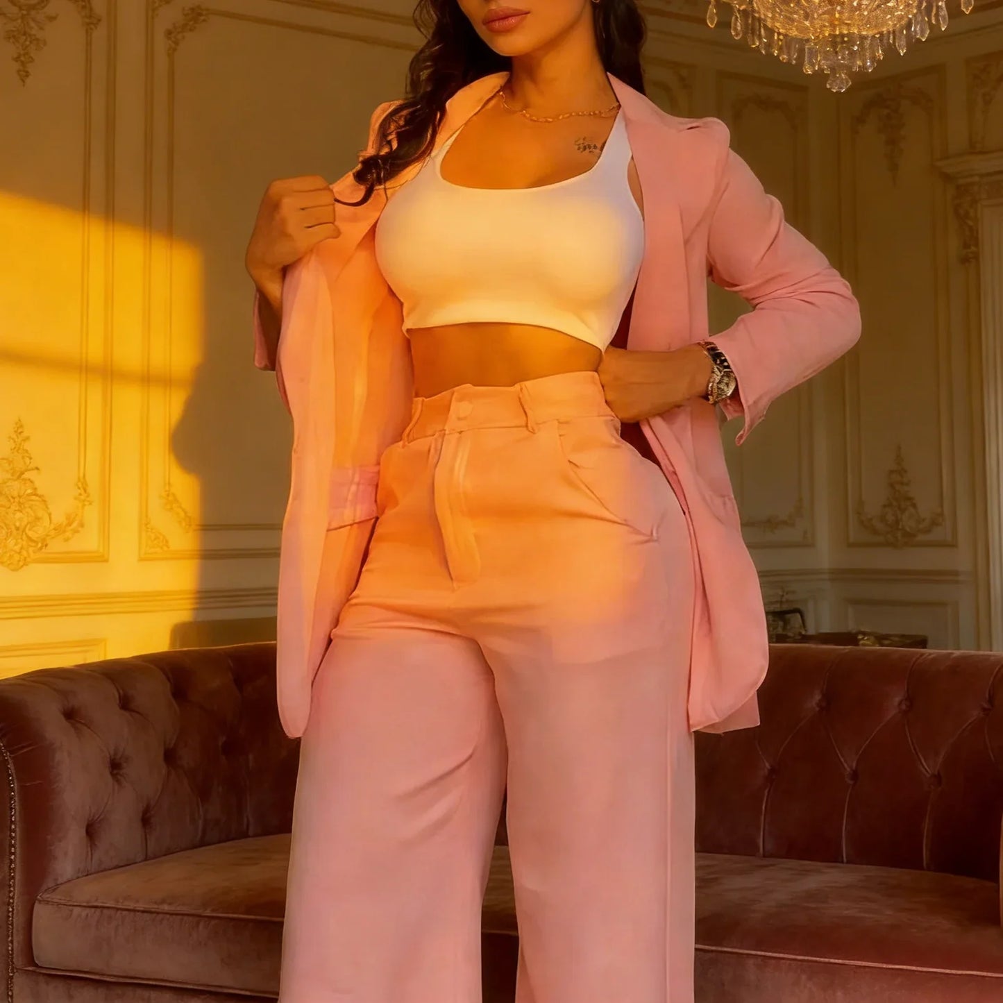 Sets for Women 2 Pieces Autumn Fashion Long Sleeve Blazer Sets Elegant High Waist Work Pants Set Office Lady Pink Suits