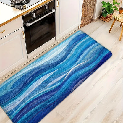 Rich Blue Wavy Pattern Bath Mat, Machine Washable Non-Slip Rug, Ideal for Bathroom Kitchen Entryway, Perfect Housewarming Gift