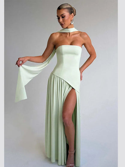 Solid Spliced Ribbon Maxi Dress Women Elegant Strapless Sleeveless Slit Long Dresses 2025 New Summer Holiday Party Lady Vestidos