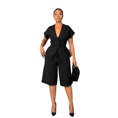 Two Pieces Women Pant Sets Solid Matching Sets Button V Neck Short Sleeves Coat Empire Waist Knee Length Pants Loose 2026 Autumn