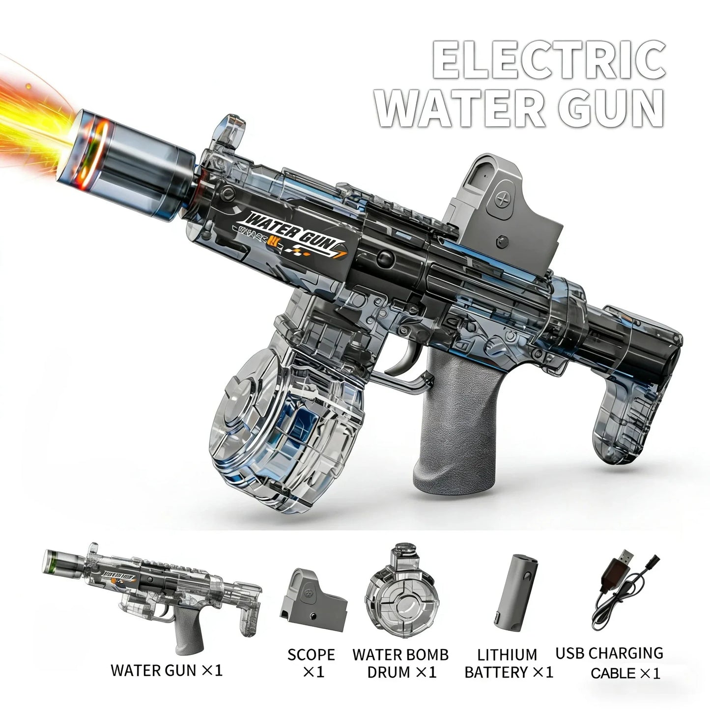 Electric Water Gun Simulation Shooting Water Gun with Recoil Flash Function Summer Outdoor Beach Game Toys Children Adults Gifts