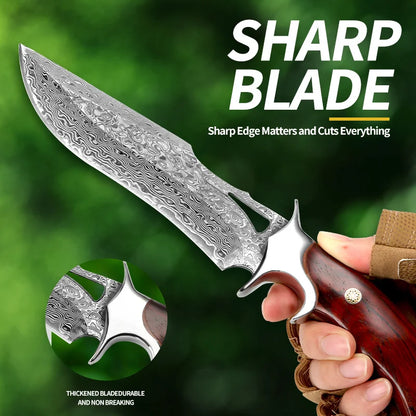 A Large Damascus Handmade Forged Knife - Fixed Blade, Wooden Handle and Leather Sheath, Convenient to Carry, Quick Cutting