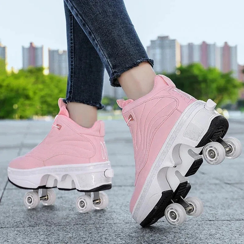Unisex Automatic Retractable Roller Skates Women's High Top Sports Shoes with Wheels Dual-purpose Skating Sports Shoes