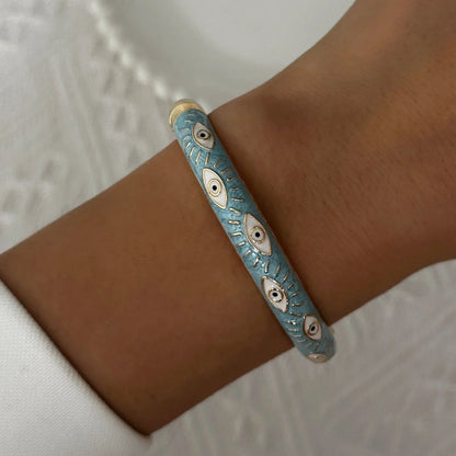 Elegant Enamel Dropped Glaze Flower Texture Bracelet For Women Retro Gold Plated Evil Eye Floral Zircon Bangle Party Jewelry