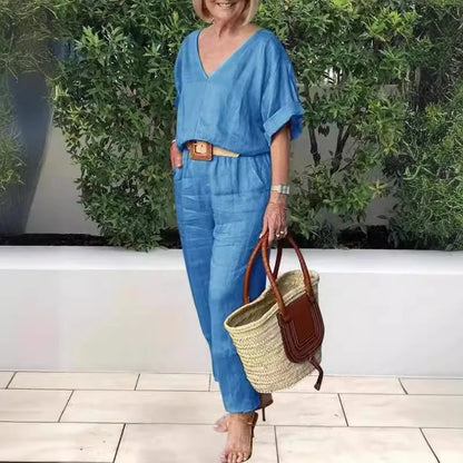 2 piece sets women outfit Women Suits Gray V-neck Short Sleeve Tops Wide Leg Pants Loose 2-piece Set Women Casual Women Clothes