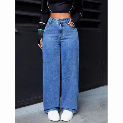 Fashion Solid Color High-Waisted Straight-Leg Jeans Women Loose Pockets Jeans Suitable Daily Casual Jean