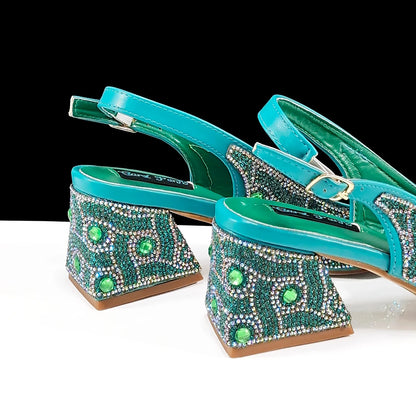 QSGFC 2024 Rhinestone Design INS Hot Sale New Arrivals African Shoes and Bag Set in Green Color Open Toe Comfortable Women Heels