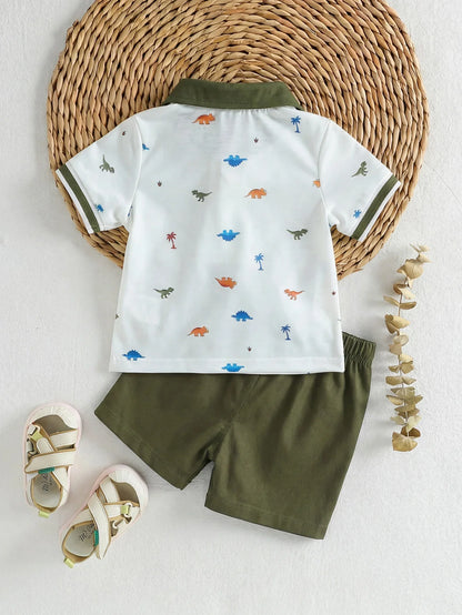 Baby Boy Polo 2‑Piece Set, Printed Lapel Short‑Sleeve Top With Solid Color Shorts, Casual Outfit For Summer Trip
