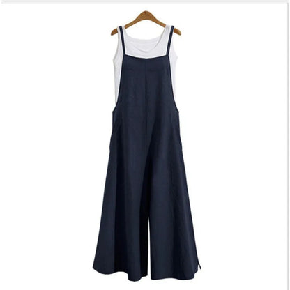 Women's Summer Sleeveless Jumpsuit Solid Color Wide Leg Bib Overalls Casual Loose Cotton Linen Straps Dungaree