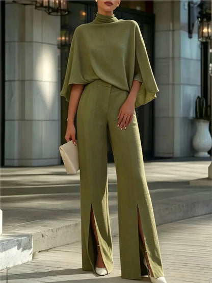 Autumn Women's Half Turtleneck Shawl Top Fashion Slit Wide Leg Trousers 2piece Suit Elegant Slim Fit Female Office Trousers Suit