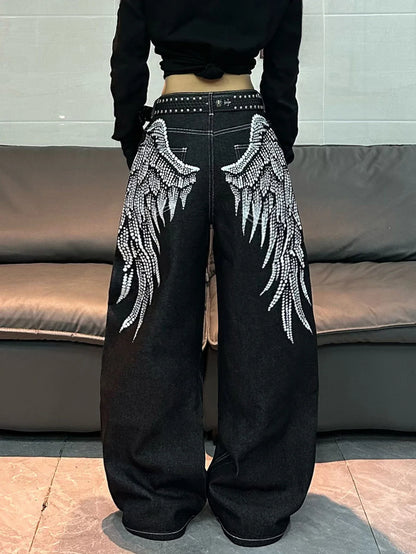 1 Pc American Retro Wing Print Loose Jeans, Street Trend Fashionable