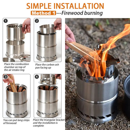Outdoor Camping Portable Wood Stove Stainless Steel Double-Layer Heat-Concentrating Split Stackable Picnic Backpack Stove