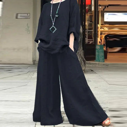 Casual Cotton Linen Set Women's O Neck Long Sleeve Blouses Wide Leg Pants Culottes 2piece Sets Autumn Retro Loose Female Suit