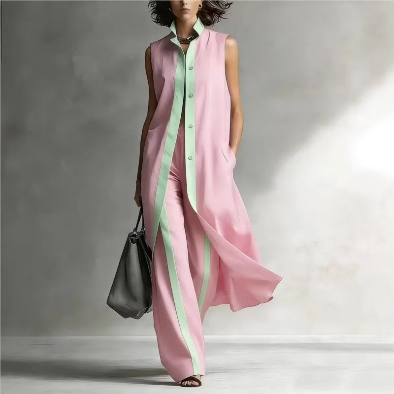 Women's Two-piece Sleeveless Stand-up Collar Vest Cardigan Trousers 2026 Summer New Loose Fashion Casual Contrast Color Suit