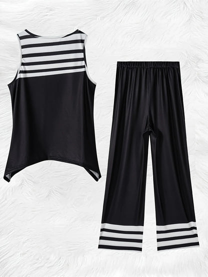 Printed Design Spring and Summer collection Black And White Stripes Pattern vacation style women's pants suit