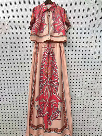 2026 Summer New Fashion Women's Print Suit Lapel Short Sleeve Short Waist Shirt + Elastic Waist Straight Trousers Two-Piece