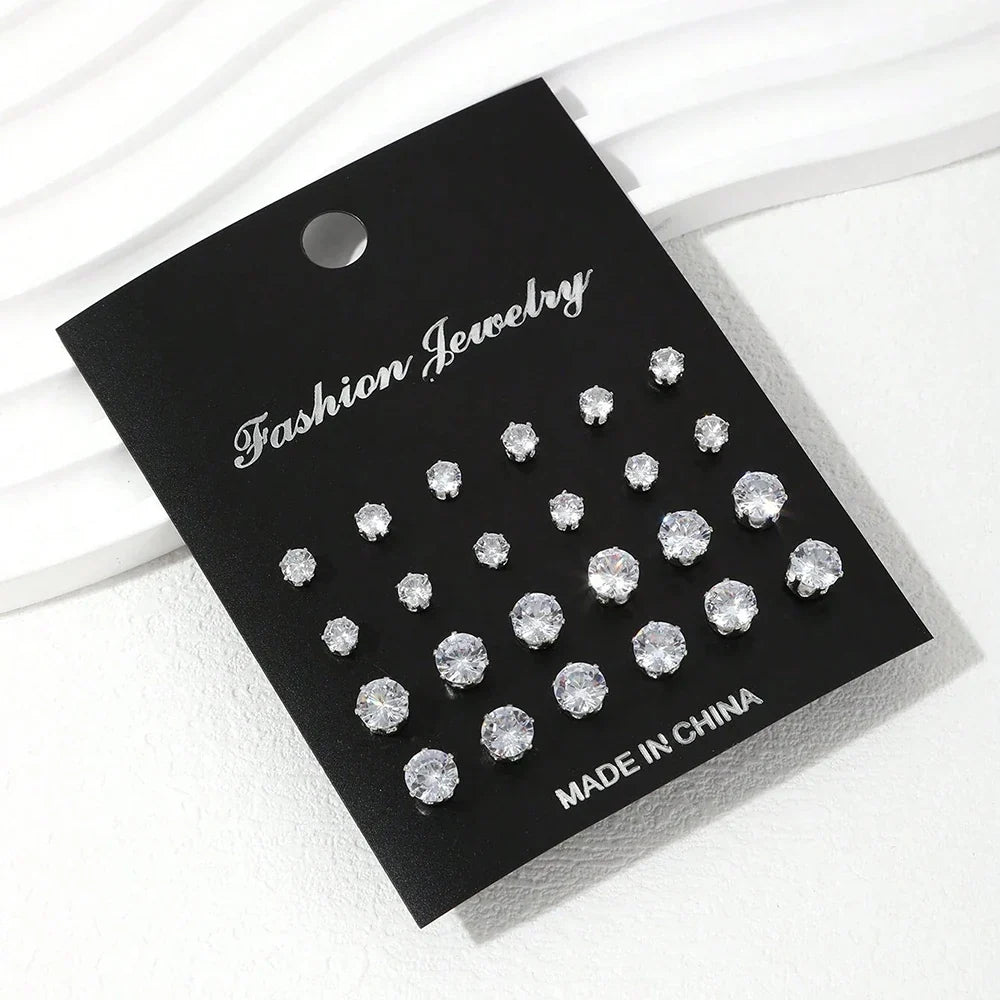 12/24/36 Pairs Shiny Zircon Stud Earrings Set for Women Men Daily Versatile Chic Silver Color Crystal Ear Jewelry Accessories