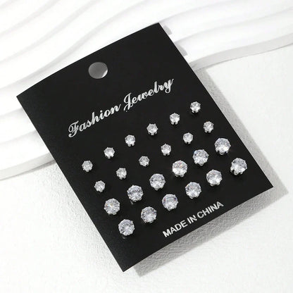 12/24/36 Pairs Shiny Zircon Stud Earrings Set for Women Men Daily Versatile Chic Silver Color Crystal Ear Jewelry Accessories