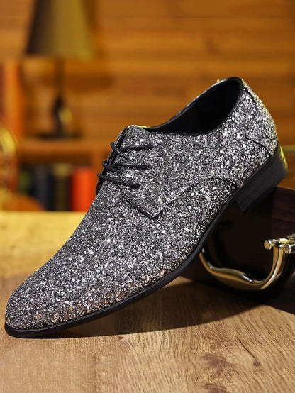 Luxury Men Dress Shoes Gold Silver Sequin Wedding Shoes High Quality Lace-Up Oxford Shoes Fashion Designer Men Flats Large Size