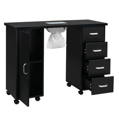 Manicure Nail Table, White Salon Desk with Dust Collector, 4 Drawers | Side Cabinet, Removable Drawers, Rolling, Customized