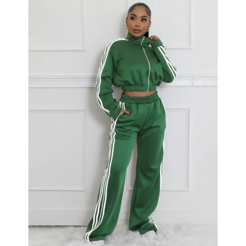 Fashion Splicing Striped Zipper Sports Suit Women'S Spring Autumn Thick Hoodie Casual Loose Wide Leg Trousers 2 Piece Set Female