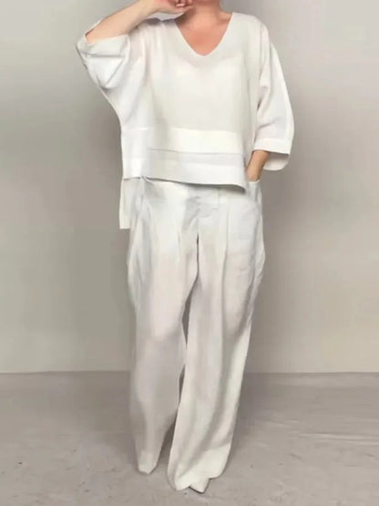 Casual Loose Irregular Cotton Linen Women's Top Set Spring Summer New Fashion Pocket Wide-leg Pants For Women Office 2-piece Set